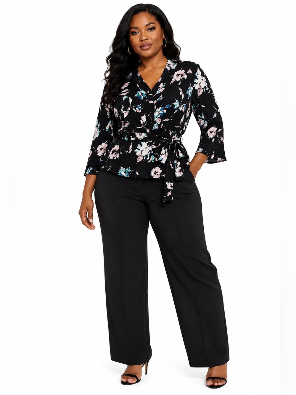 Lane Bryant Black Floral V-Neck Tie Waist Bell Sleeve Tunic Top Women’s 14/16